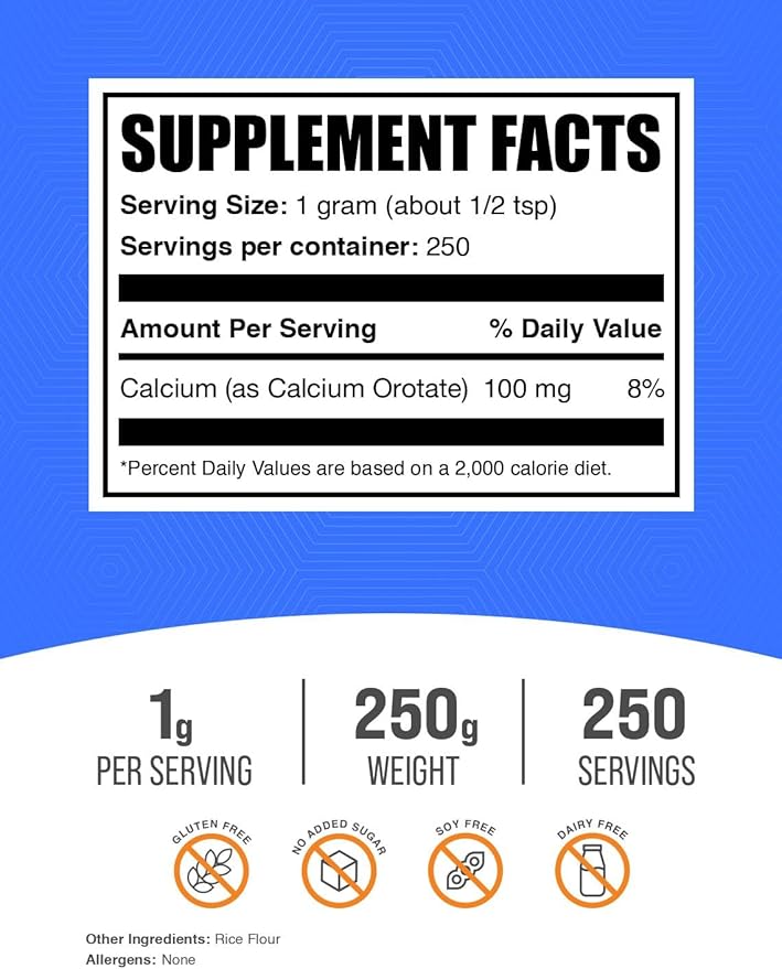 BulkSupplements.com Calcium Orotate Powder - Calcium Orotate Supplement, High Bioavailability - Unflavored & Gluten Free, 1g per Serving, 250g (8.8 oz) (Pack of 1)