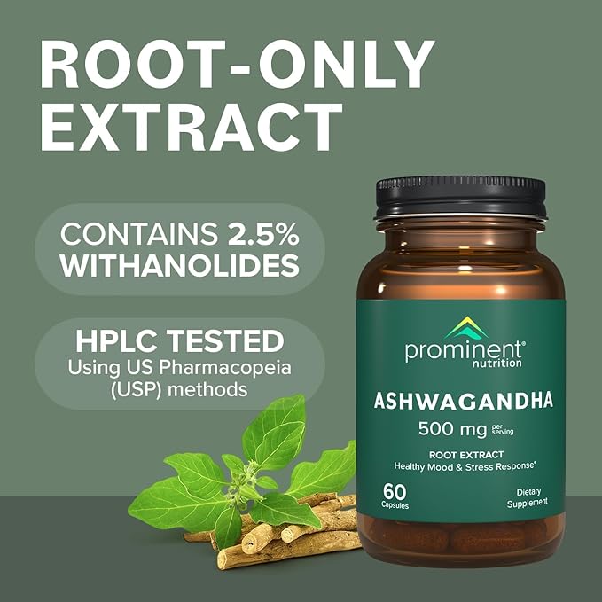 Prominent Nutrition Ashwagandha Supplement - Clinically Researched Shagandha® Root Extract for Healthy Mood & Stress Support, Standardized to 2.5% Withanolides, 500 mg, 60 Vegan Capsules