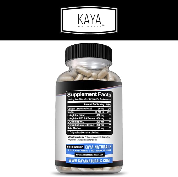 Kaya Naturals - L-Arginine All-Natural Herbal Supplement for Maximum Health Benefits | Pre-Workout | Energy | Improved Nighttime Performance | - 60 Capsules