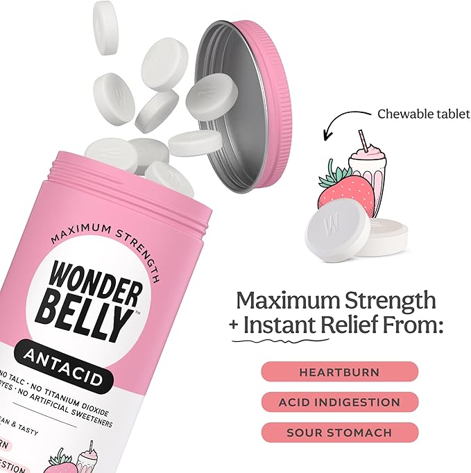 Wonderbelly Antacid, Effective Heartburn and Instant Acid Indigestion Relief, Extra Strength Chewable Tablets, 1000 mg Calcium Carbonate, No Talc or Dye, Strawberry Milkshake, 120 Count