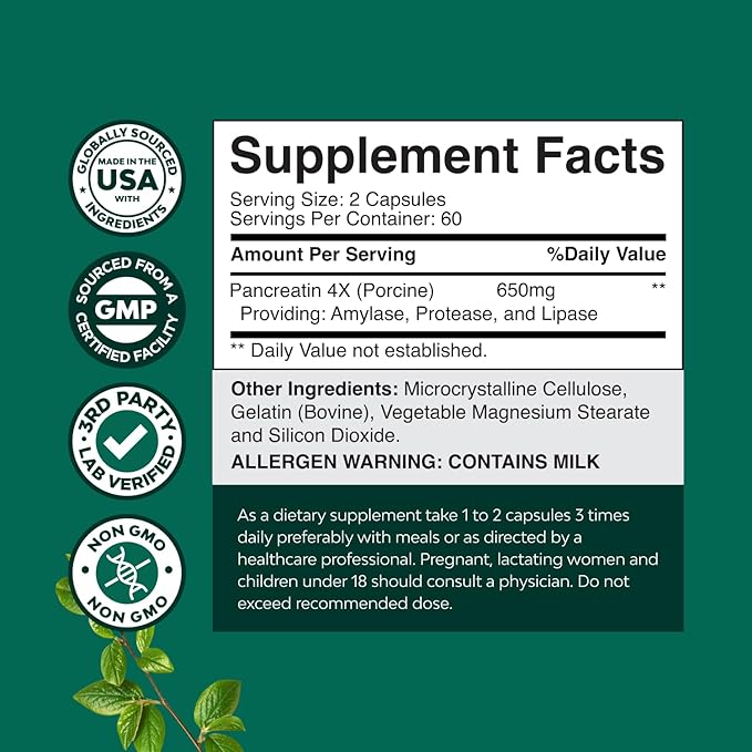 Natures Craft Pancreatin Digestive Enzymes for Digestive Health - Pancreatic Enzymes for Humans with Fat Carb and Protein Women and Men - Protease Amylase & Lipase Digestion -120ct