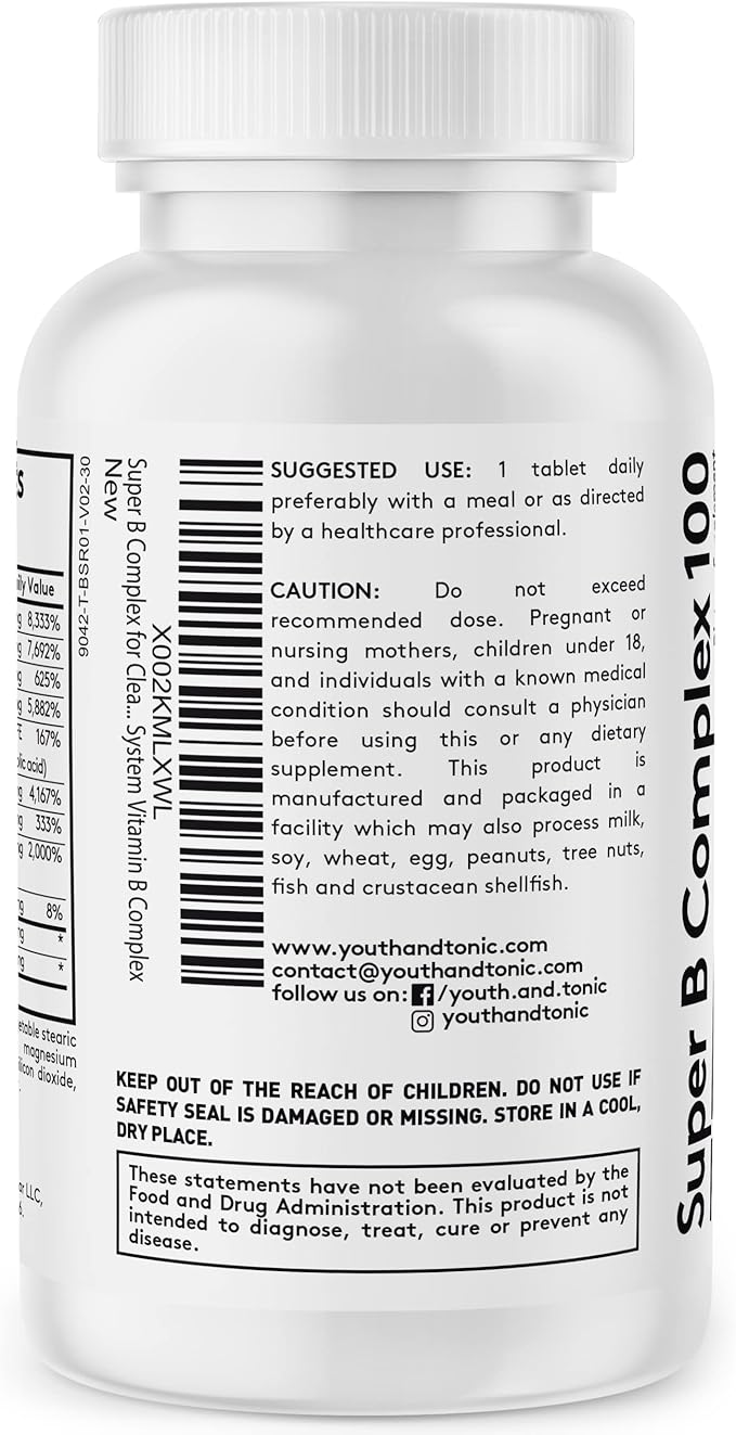Youth & Tonic Super B Complex B-100 with Choline, Inositol & PABA – High Potency B1, B2, B3, B5, B6, Biotin & B12 – Energy, Mental Clarity, Stress & Nervous System Support – 1-Month Supply