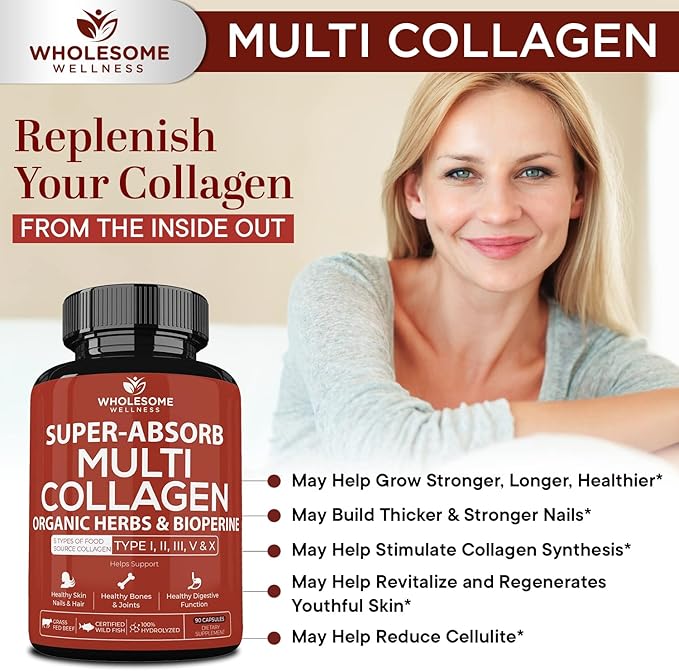 Wholesome Wellness Multi Collagen Protein Powder Hydrolyzed (Type I II III V X) + Super-Absorb Multi Collagen Pills (Type I II III V X) Bundle