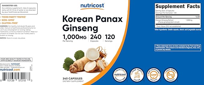 Nutricost Korean Ginseng 1000mg Serving, 240 Capsules - 500mg Per Capsule, 120 Servings - Korean Panax Red Ginseng - Gluten Free & Non-GMO
