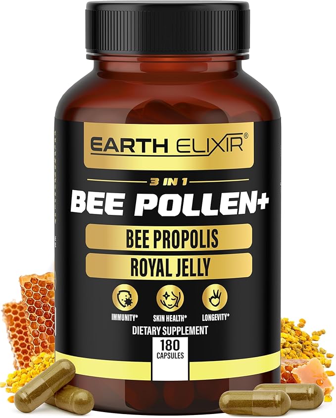 3-in-1 Organic Bee Pollen Capsule – Non-GMO, Pure Raw Bee Pollen, Royal Jelly, Propolis Extract for Women & Men – Natural Energy, Immune & Vitality Support – 180 Propolis Capsules