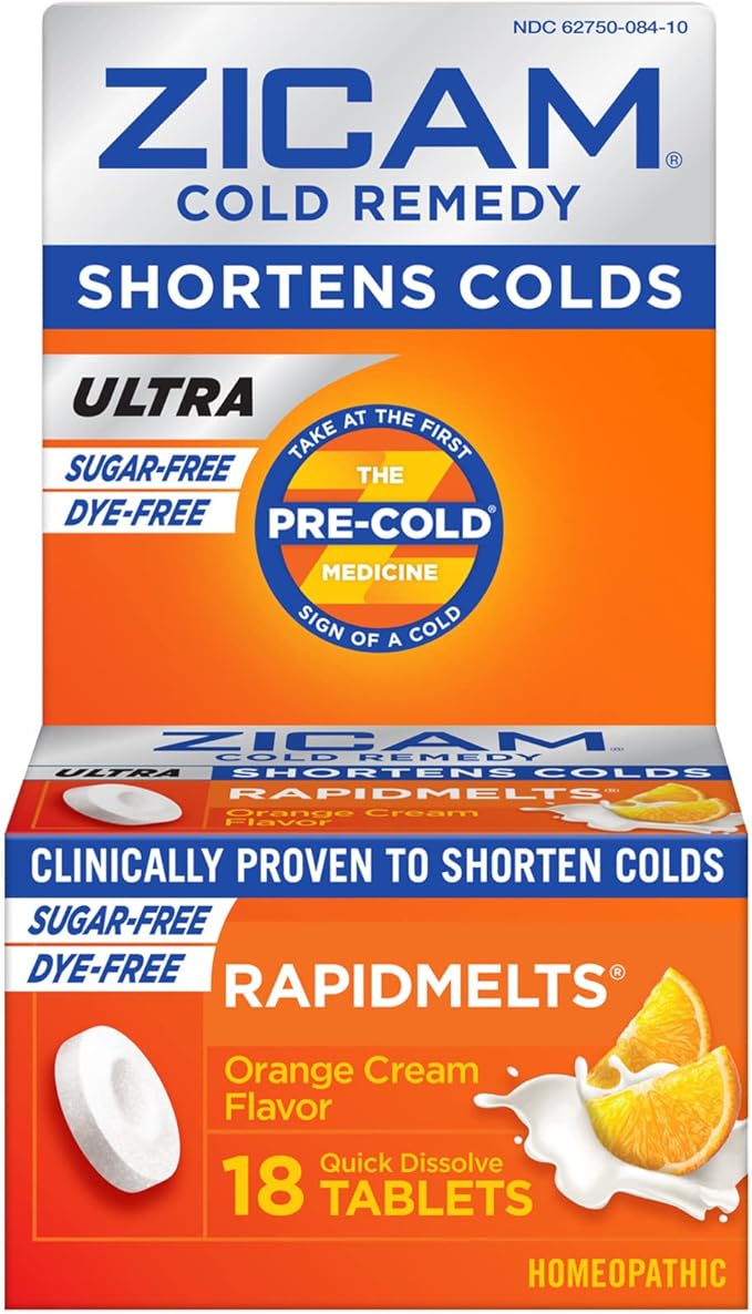 Zicam Ultra Cold Remedy Zinc Rapidmelts, Orange Cream Flavor, Homeopathic, Cold Shortening Medicine, Shortens Cold Duration, Sugar-Free, Dye-Free, 18 Count (Pack of 2)