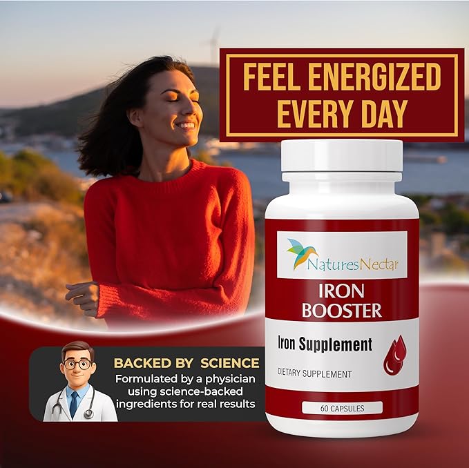 Nature's Nectar Iron Capsules for Women – Slow Release Non-Constipating Pure Iron Booster Supplement with Vitamin B-12, Folic Acid & Vitamin C – Supports Red Blood Cell Production – 60 Capsules