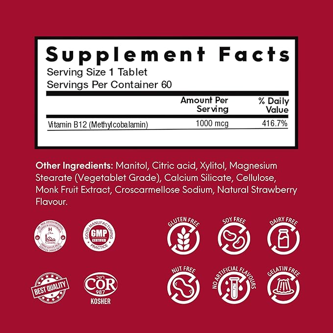 Vitamin B12 1000 mcg – Methylcobalamin B12 Enhances Energy, Cognition, Red Blood Cell Production Quick Dissolving Tablets for Vitamin Deficiency – Strawberry & Kiwi Flavor (60 Tablets)