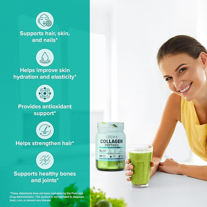 ORZAX Collagen Peptides Powder - 11 g Collagen Type I & III, Biotin & Hyaluronic Acid, 16 oz (Unflavored)