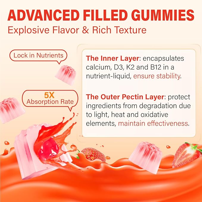 Calcium 1200 mg with Vitamin D3 Supplement for Adults - Calcium Gummies with Vitamin D3 5000IU, K2, B12 for Women Men - Extra Absorption Calcium Citrate - Natural Strawberry Flavor, 120 Gummies