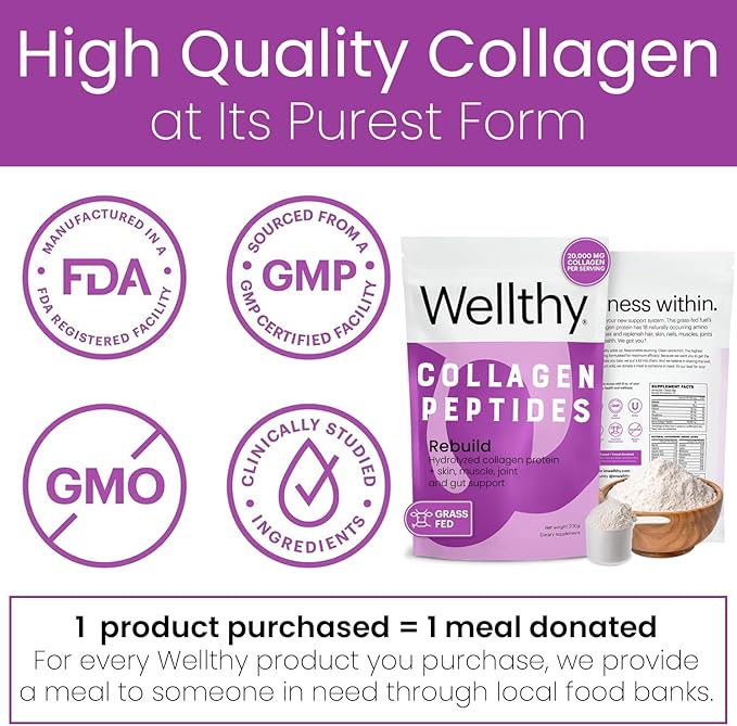 Wellthy Collagen Peptides Protein Powder - Grass Fed Hydrolyzed Collagen for Hair Growth, Skin, Nails, Gut and Joint Support - 20,000mg Collagen & 18g Protein | Unflavored (15 Servings)