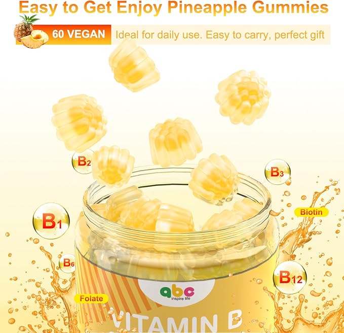 Vitamin B Complex Gummies for Adult Kid-Pineapple Flavor-Chewable Supplement with 8 Essential B Vitamins (B1, B2, B3, B5, B6, B7, B9, B12) Supports Energy, Metabolism & Mood,Non GMO,Vegan 60 Count