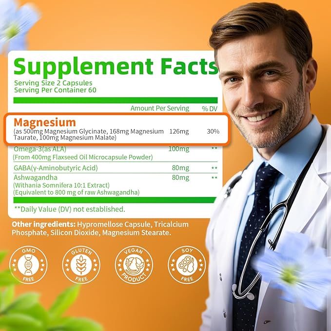 Triple Magnesium Complex - Magnesium Glycinate, Taurate & Malate Supplement with Omega3, Ashwagandha, GABA for Sleep, Brain Heart & Muscle Support - High Absorption and Gentle, Vegan, 120 Capsules