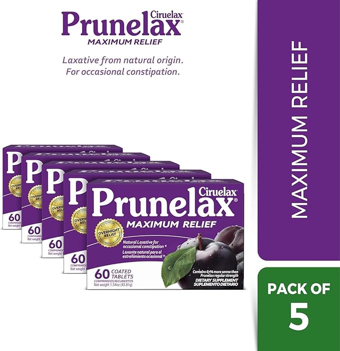 Prunelax Ciruelax Maximum Relief Laxative Tablets with Natural Senna for Occasional Constipation, Senna Extract, Vegan & Gluten-Free, Gentle Overnight Relief - 60ct (Pack of 5)