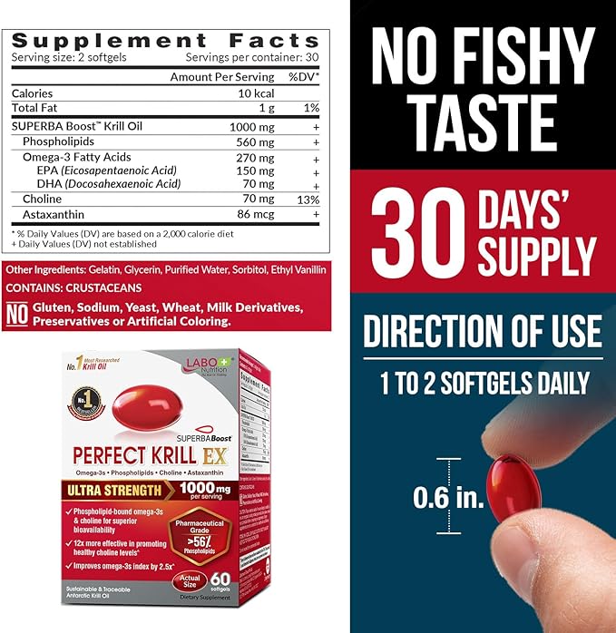 LABO Nutrition Perfect Krill EX, 1000mg Antarctic Krill Oil Omega 3 EPA DHA, Highest Phospholipids (Over 56%) with Choline, Astaxanthin | Heart Brain Eye Joint Health, Made in USA, 60 softgels
