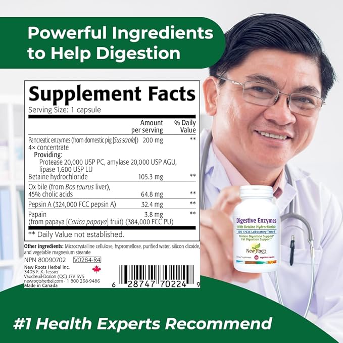 New Roots | Digestive Enzymes with Ox Bile + Betaine Hydrochloride Supplement | Betaine HCL with Pepsin and Papain (100 Capsules) for Fast Nutrient Absorption and Bloating Comfort