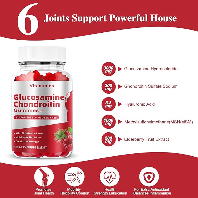 Glucosamine Chondroitin Gummies with MSM & Elderberry Extra Strength - Joint Support, Antioxidant Immune Support Supplement for Adults, Men & Women Minerals, coenzyme Q10, DHA - 60 Raspberry Gummies