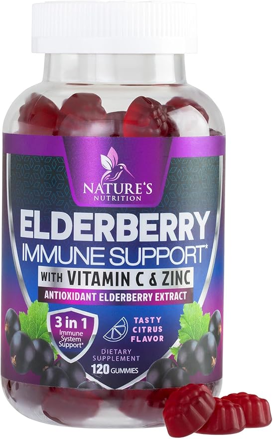 Immune Support Gummies - Sambucus Elderberry Gummy with Elder Berry Extract, Zinc & Vitamin C, Natural Vegan Immune Support Supplement for Adults & Children, Gummy Elderberry Vitamins - 120 Gummies