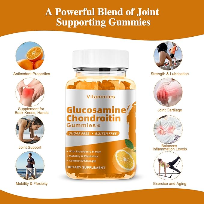 Glucosamine Chondroitin Gummies with MSM & Elderberry Extra Strength - Joint Support, Antioxidant Immune Support Supplement for Adults, Men & Women Minerals, coenzyme Q10, DHA - 60 Orange Gummies