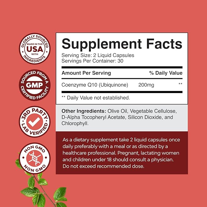 CoQ10 200mg per Serving Liquid Capsules Supplement - High Absorption Coenzyme Q10 200mg per Serving Heart Health and Potent Energy Support - Co Q10 Supplement for Fertility and Immune System Support