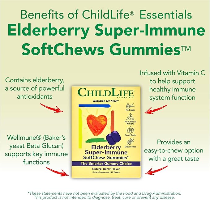 CHILDLIFE ESSENTIALS Elderberry Super-Immune SoftChew Gummies for Kids - Immune Support with Vitamin C & Vitamin D3, Elderberry Immune Supplement for Babies, Toddlers & Children - Berry, 27 Softchews