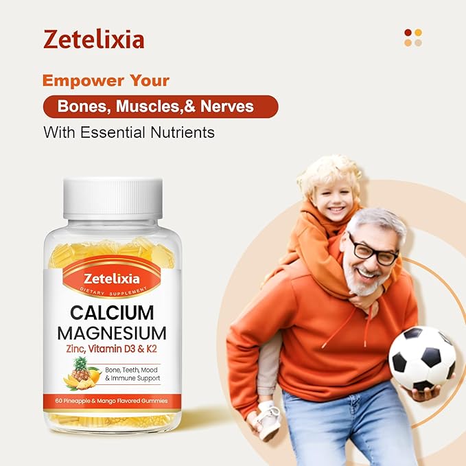 Calcium Gummies for Women Men, Calcium Magnesium Zinc with Vitamin D3 & K2, Calcium Magnesium Supplement for B0nes Muscles, Pineapple & Mango Flavor - 60 Count