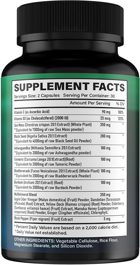 GiDa Culture Shilajit and Sea Moss Combo - Sea Moss and Shilajit Bundle with Ashwagandha, Black Seed, Turmeric, Bladderwrack, Burdock, Black Pepper with Vitamins and Antioxidants - 120 Veggie Capsules