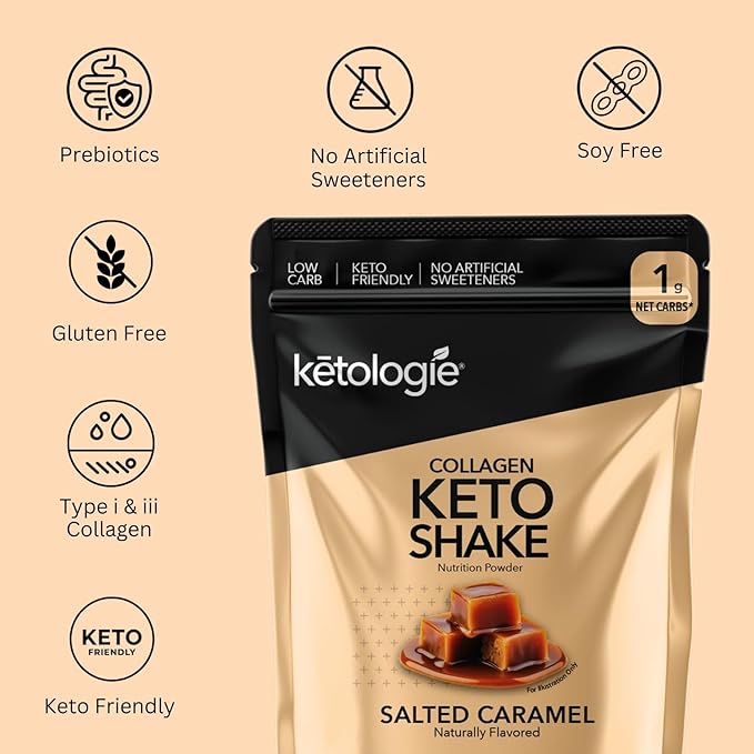 Keto Collagen Shake (Salted Caramel) - with Coconut Oil, Prebiotics, Grass Fed Hydrolyzed Collagen Peptides Type I & III, Low Carb, Gluten Free,1.78lbs. (810g)