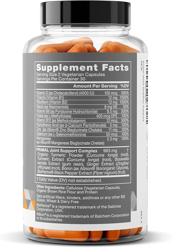 Primal Joint & Mobility Support - Advanced Joint Support Supplement for Women and Men - Turmeric, Boswellia, Ginger and Boron for Whole-Body Flexibility, Joint Health & Comfort - 60 Veg Soft Capsules