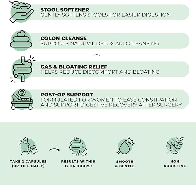 DigestLive Post-Op Constipation Relief Laxative for Women Post Surgery, 30 Capsules,100% Herbal Stool Softener, Female Gentle Colon Cleanse Detox, Bloating & Gas, Fast-Acting, Vegan, Gluten & GMO-Free