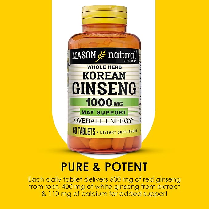 MASON NATURAL Korean Ginseng 1,000 mg, Supports Energy, Endurance & Vitality, 60 Tablets