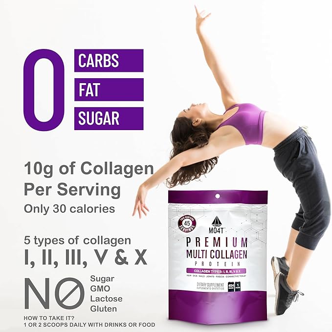 MO4T Hydrolyzed Multi Collagen Powder -Collagen Protein- Collagen Peptides-Type 1,2,3,5,10 -Sugar-Free, (1 Pound) Hair, Skin & Nail, Paleo & Keto, Non-GMO