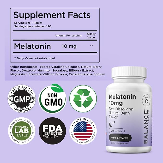 Balancebreens Melatonin 10mg Fast-Dissolve, 120 Tablets β Natural Sleep Aid for Restful Nights, Drug-Free Support for Relaxation and Tranquility