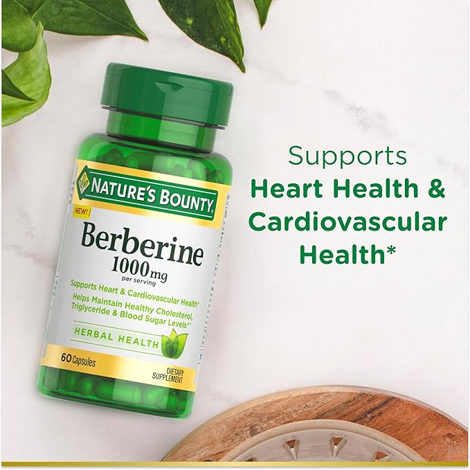 Nature's Bounty Berberine Supplements,1000mg, Berberine Capsules for Blood Sugar Support, Cholesterol & Heart Health, 60 Count