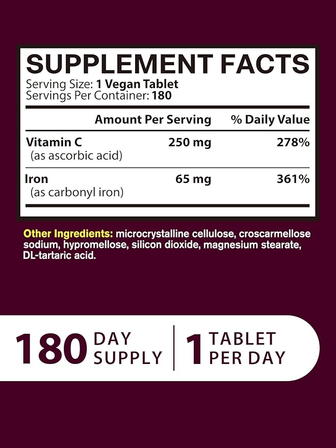 Iron Supplement for Women Men, High Potency Iron 65mg with Vitamin C 250mg, Stomach Friendly Iron Pills for Red Blood Cell & Immune Support, Non-GMO & Gluten Free,180 Vegan Tablets