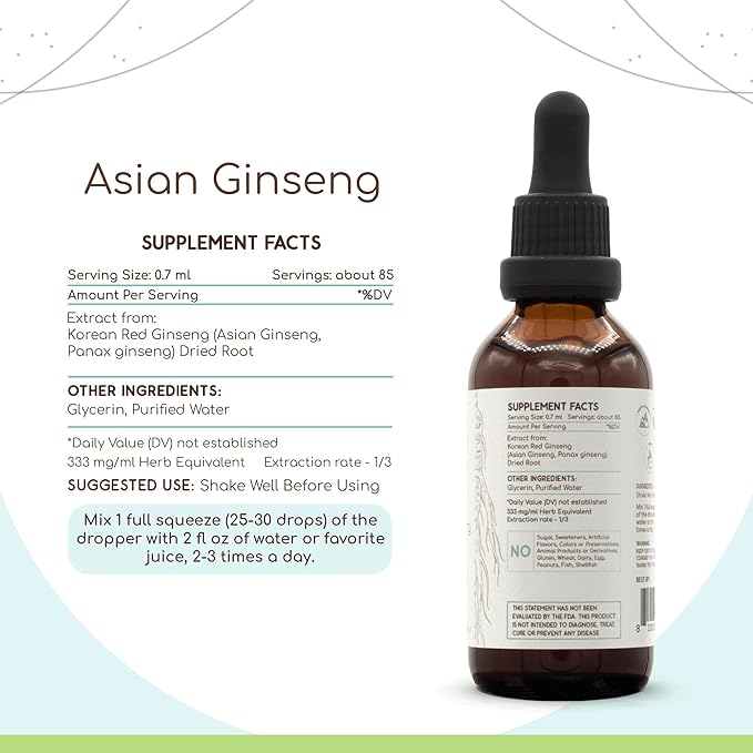 Asian Ginseng B60 Alcohol-Free Herbal Extract Tincture, Wildcrafted Korean Red Ginseng (Asian Ginseng, Panax Ginseng) Dried Root (2 fl oz)