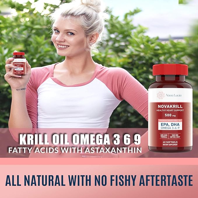 Natural Krill Oil Omega 3 6 9 Supplement, Burpless 60 Red Liquid Softgels, Rich in EPA, DHA, Astaxanthin, No Fishy Aftertaste, 1000mg per 2 Softgels