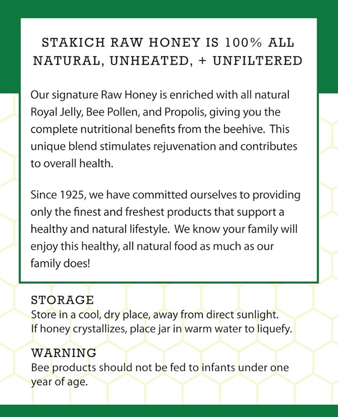Stakich Royal Jelly, Bee Pollen, Propolis Raw Honey - Pure, Unprocessed, Unheated - 40 Ounce