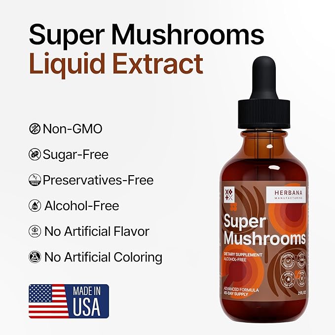 Super Mushrooms 8-in1 - 2 fl oz Liquid Extract - Brain Booster & Immune Support Drops - Reishi, Lion`s Mane, Cordyceps, Chaga, Mitake, Turkey Tails, Shiitake, Agaricus - High Potency - 45-Day Supply