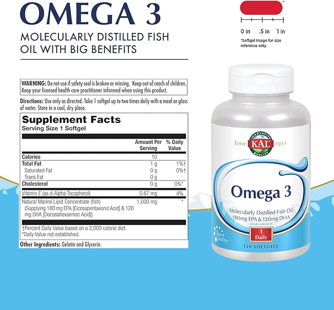KAL Omega 3 | Omega-3 Fish Oil for Healthy Heart, Joint & Brain Support | 180mg EPA, 120mg DHA (120 CT, 120 Serv)