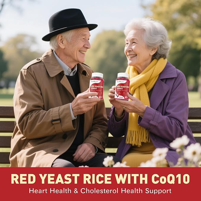 Red Yeast Rice with CoQ10 Gummies Sugar Free, Red Yeast Rice Supplement with Odorless Garlic Extract, Vitamin E, Vitamin D3 & K2, Cholesterol Support & Heart Health, Natural Mixed Berry Flavor, 60 Ct