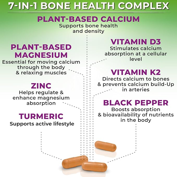 Plant-Based Calcium 500mg (Aquamin) – Vegan Calcium Magnesium Zinc D3 with Vitamin K2 & Organic Turmeric – Enhanced Bone and Muscle Health & Strength, Immune Support for Women & Men - 180 Count