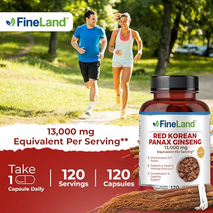 FineLand Red Korean Panax Ginseng 20x Extract 13,000mg Eq. Per Capsule, 5% Ginsenosides!, Max Strength, Immune Support, Concentration & Cognitive Support, 120 Capsule, 4 Months Supply