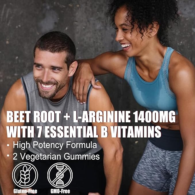 Beet Root Gummies & L-Arginine 1400mg (Made in USA), Sugar Free Nitric Oxide Supplement for Men & Women w/ B1, B2, B3, B5, B6, Folate, B12 for Energy Boost, Blood Flow & Circulation Support, 60 Cts