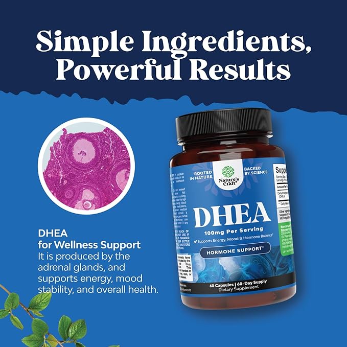 DHEA Supplement for Women & Men - Pure DHEA 100mg for Hormone Balance, Improves Mood Stability, Brain Function, Immune System, Energy & Fertility - Dehydroepiandrosterone Capsules for Adults - 60 Ct