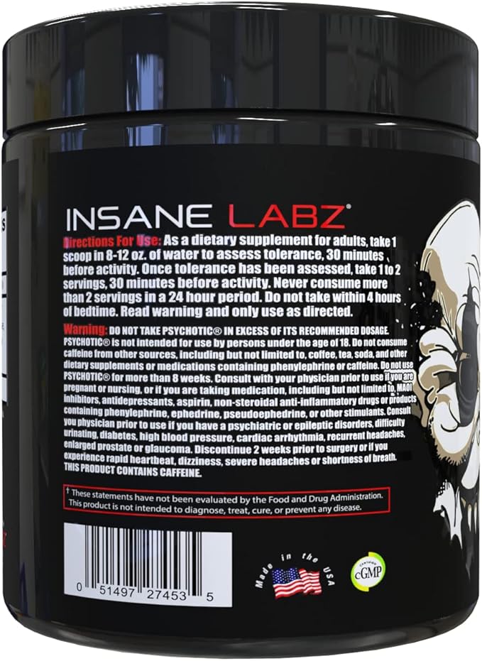 Insane Labz Psychotic Black Edition Mid Stimulant Pre Workout Powder, Energy Focus Pumps, Loaded with Creatine Beta Alanine Taurine Fueled by AMPiberry, 35 Servings (Blue Raspberry)