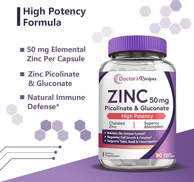 Doctor’s Recipes Zinc Capsules 50 mg from Highly Absorbable Zinc Picolinate & Gluconate, Supports Natural Immune Defense, DNA & Protein Formation, Cell Growth, Non-GMO No Dairy 90 Veggie Caps