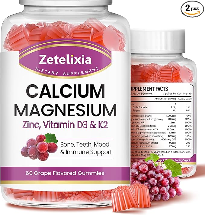Calcium Gummies, Calcium Magnesium Zinc with Vitamin D3 & K2, Calcium Magnesium Supplement for B0nes Muscles, Grape Flavor - 120 Count