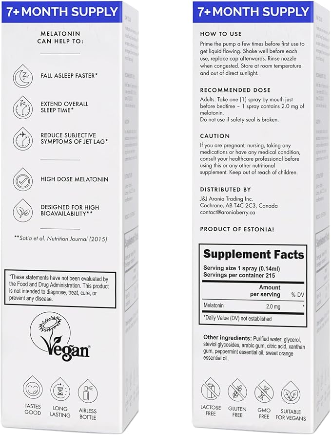 Melatonin Sleep Spray 2 mg (215 Servings) - Liquid Melatonin Spray for Sleep, Fast-Acting Sublingual Formula, Supports Healthy Sleep - Vegan, GMO-Free, Melatonin Spray for Adults