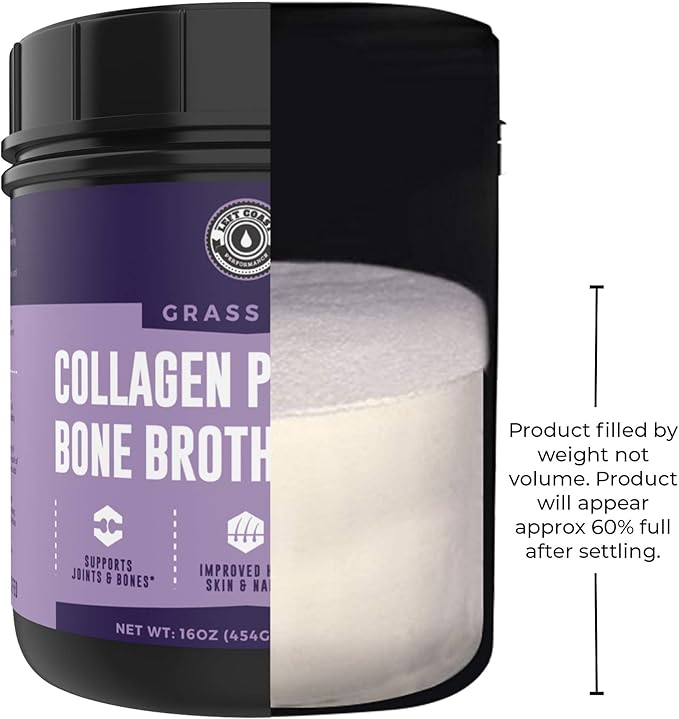16oz Bone Broth Powder with Grass Fed Collagen Peptides - Unflavoured, Zero Carb, Dairy Free, No Additives, No Fillers - Natural Source Type I and III - Grass Fed Bone Broth Collagen Powder